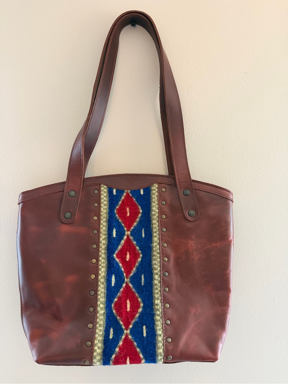 Brown Leather Tote with Blue & Red Southwestern Accent